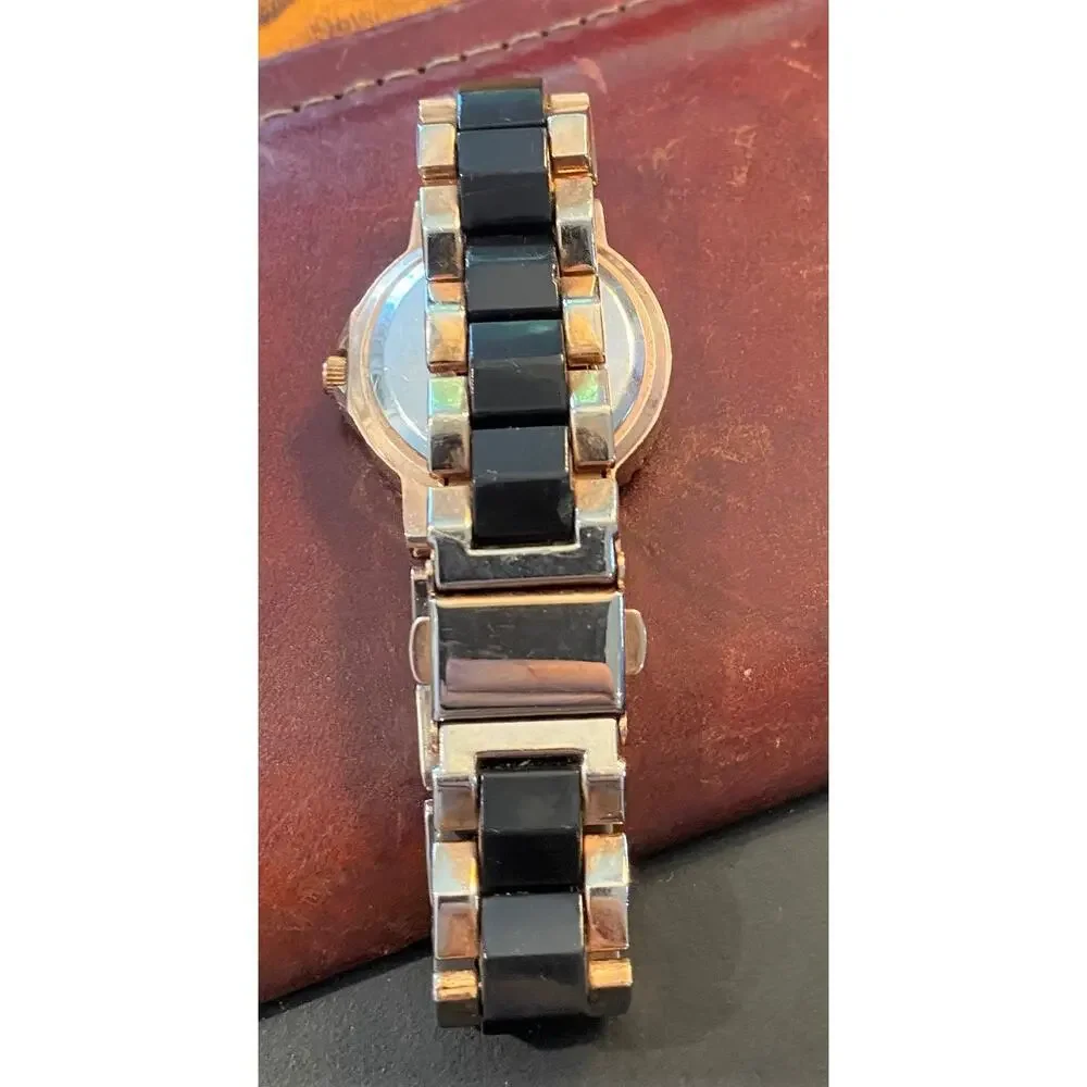 Women's Rose Gold Tone Style & Co 30mm Watch with Black Enamel & Crystal Accents